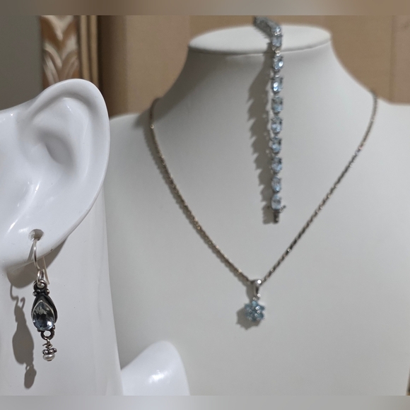 BLUE TOPAZ SET OF EARRINGS, BRACELET AND A PENDANT ON A 30 INCH NECKLACE ALL 925 - Picture 1 of 7